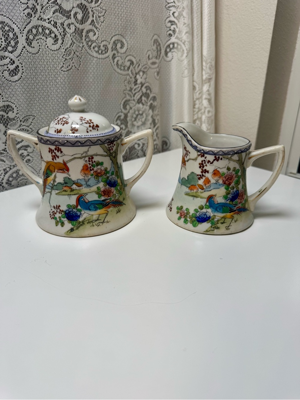 Vintage Japanese Lusterware Sugar Bowl & Creamer Set,Hand Painted Pheasant Torii